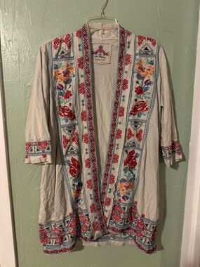 Embroidered Open-Front Boho Cardigan - Cream with Red Floral Embroidery